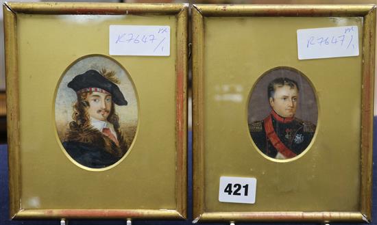 A 19th century oil on ivory miniature of Napoleon, 8 x 6cm and a miniature of Bonny Prince Charlie?, 10 x 7cm